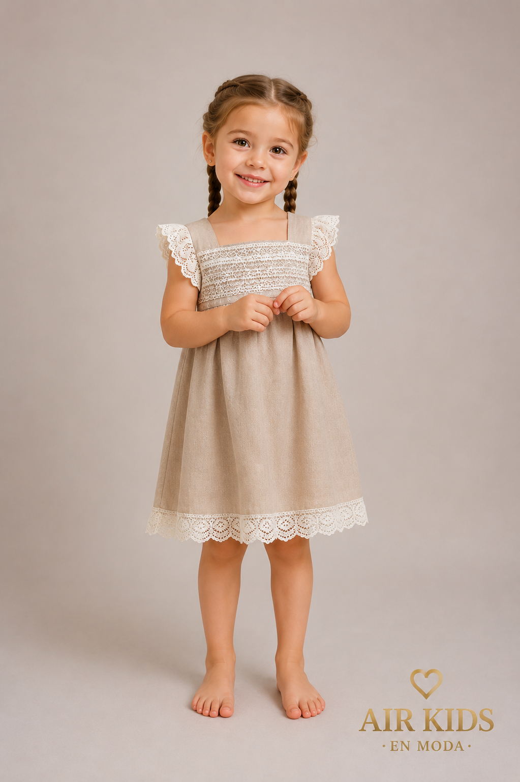 Vestido de lino jaspe con punta y entredos de bolillo en mangas y falda 640V Talla 4 años