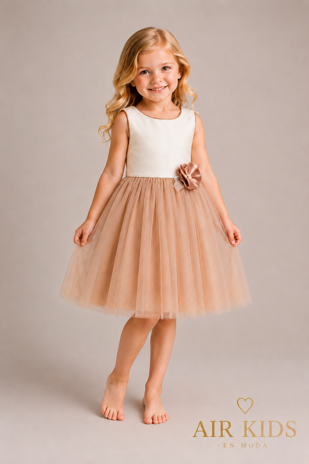 Vestido talle algodon rayas con falda de tul kaky y flor al frente 749V Talla 4 años