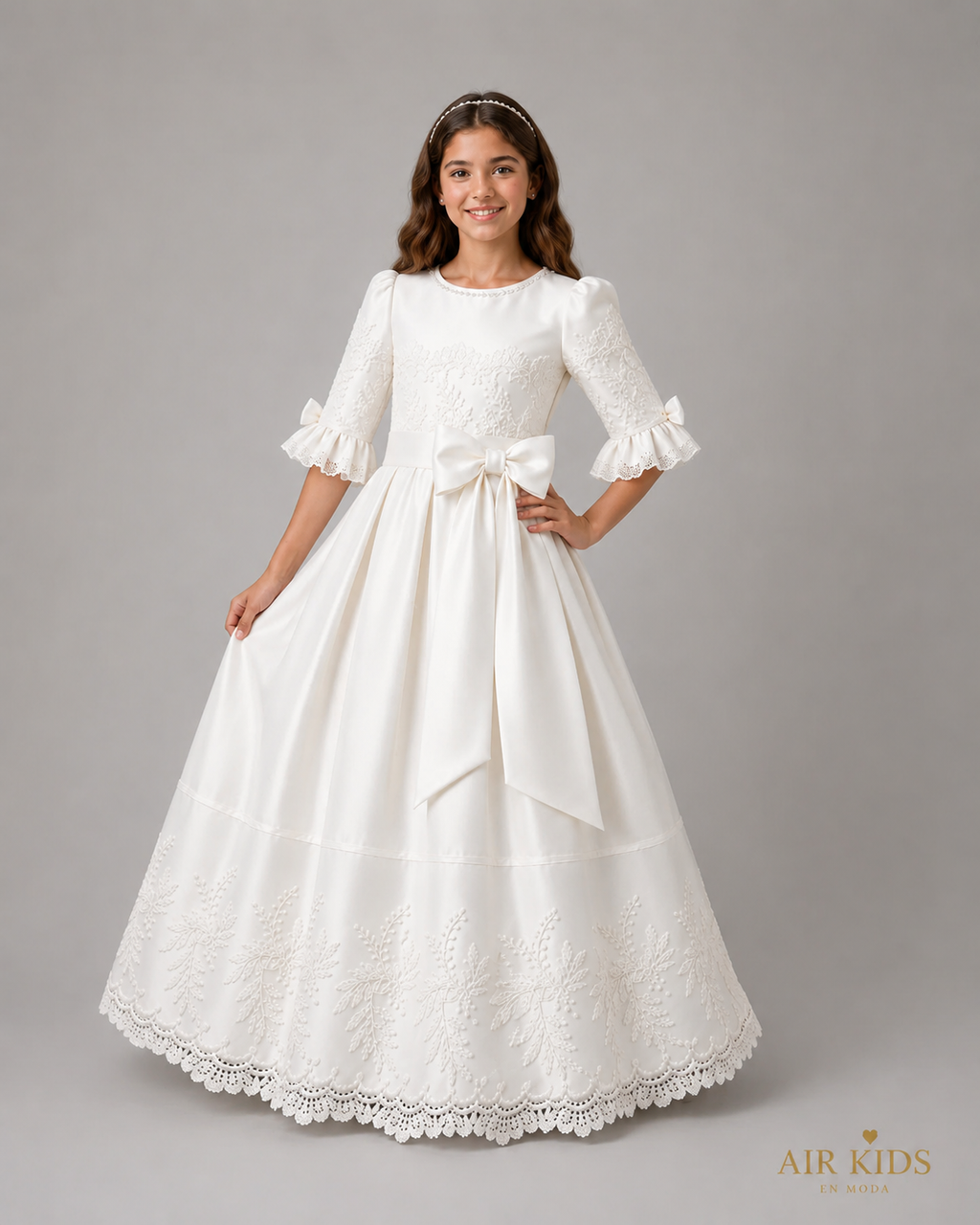 Vestido de primera comunion satin tira bordada con corona 25-917 talla 12 años