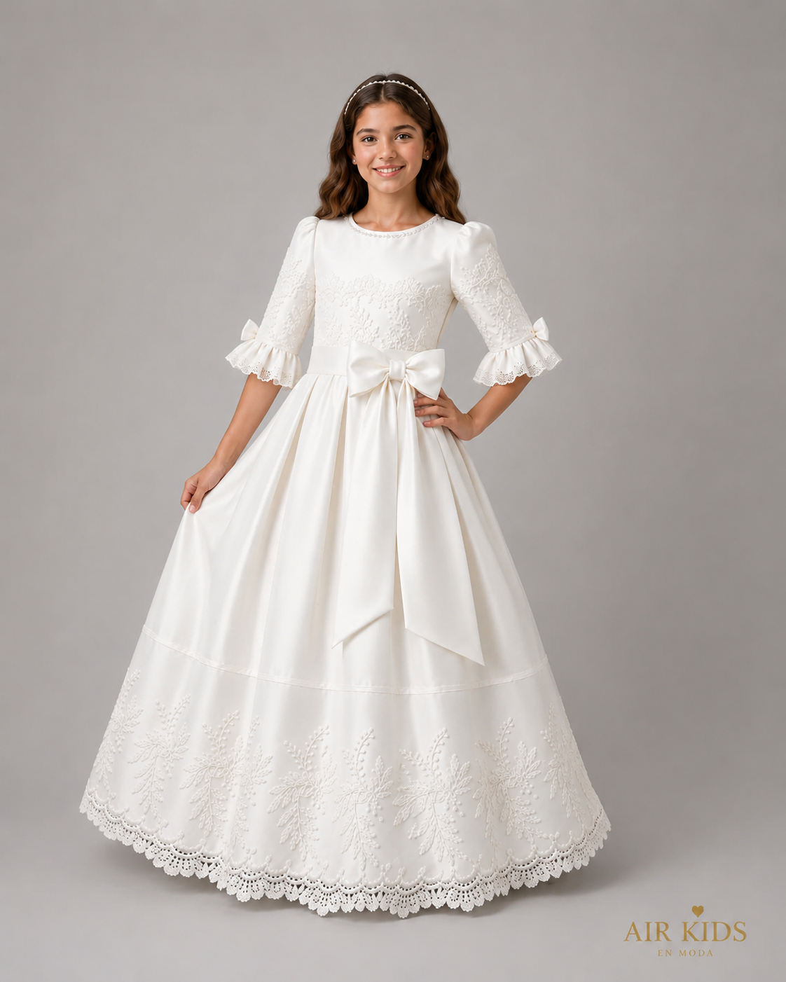 Vestido de primera comunion satin tira bordada con corona 25-917 talla 12 años