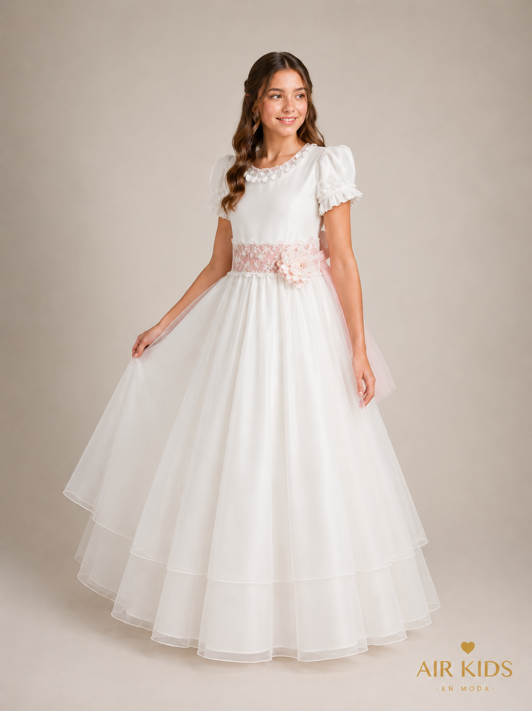 VESTIDO PRIMERA COMUNION TUL PUNTOS FALTA TUL PLIZADO TIRA BORDADA CON CORONA 26-411-14A