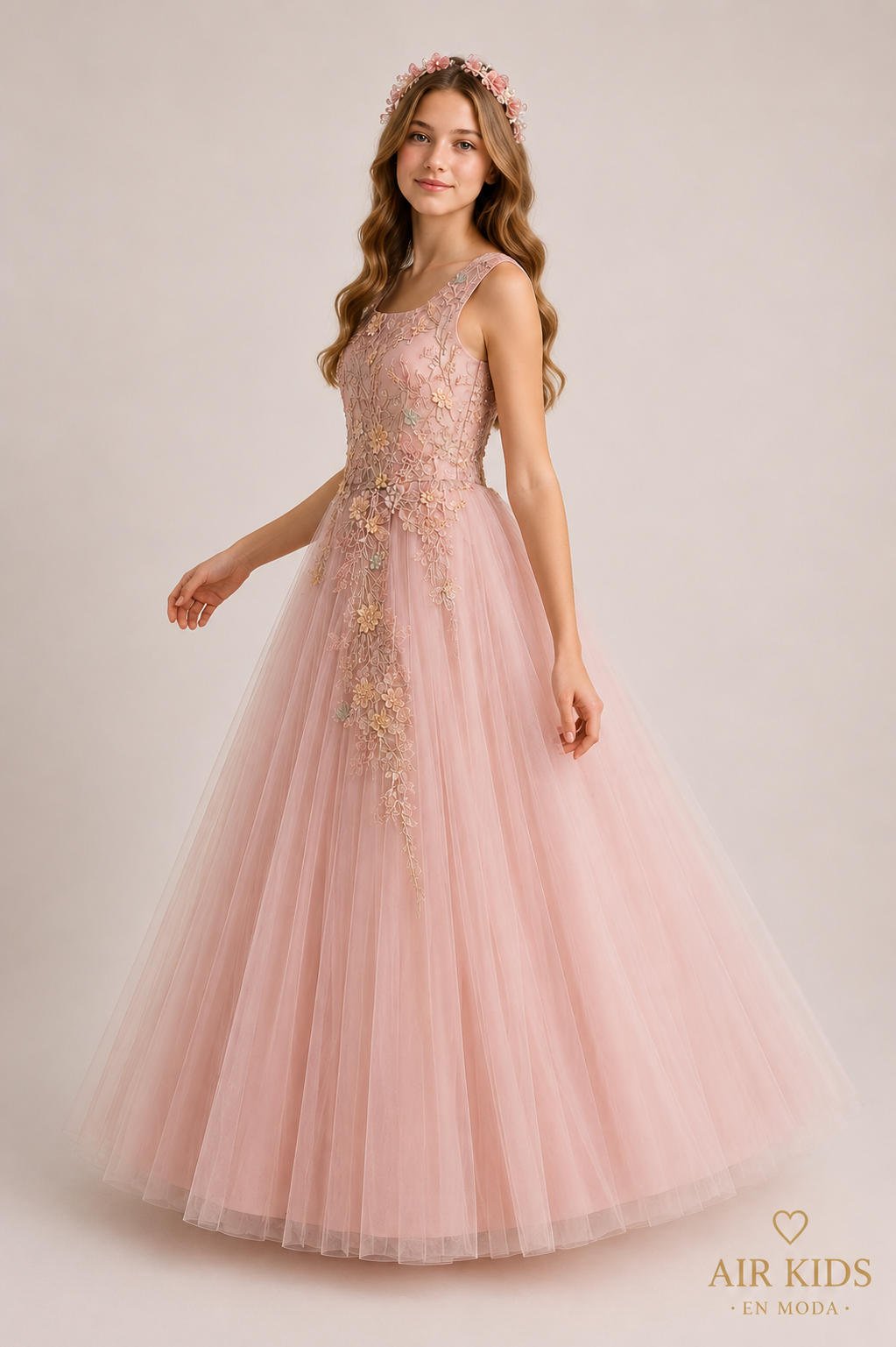 Vestido fiesta seda peto bordado falda aplicaciones con corona 26-012 Talla 14 años