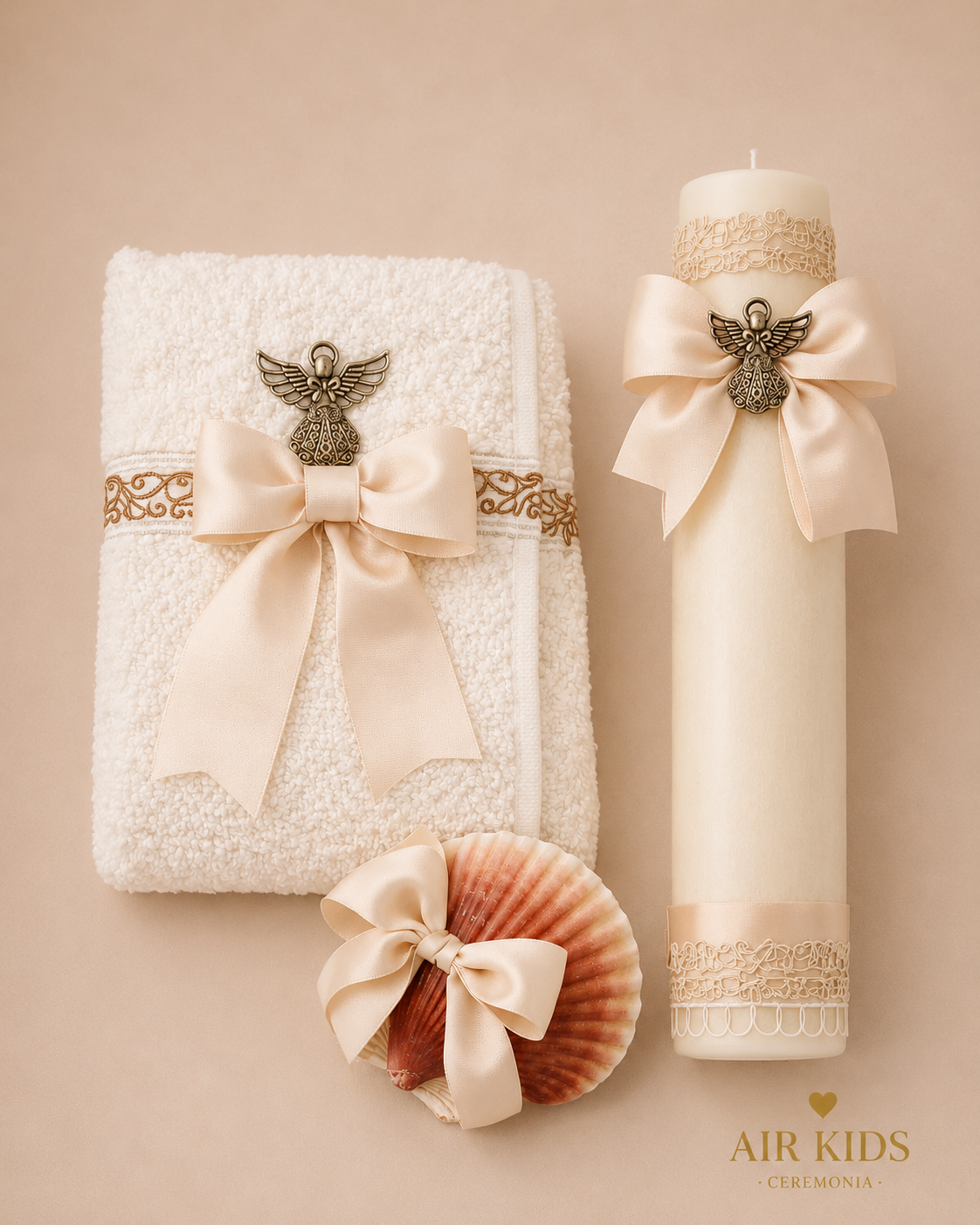 Kit de Bautizo Vela y Toalla Angel BEIGE 6564