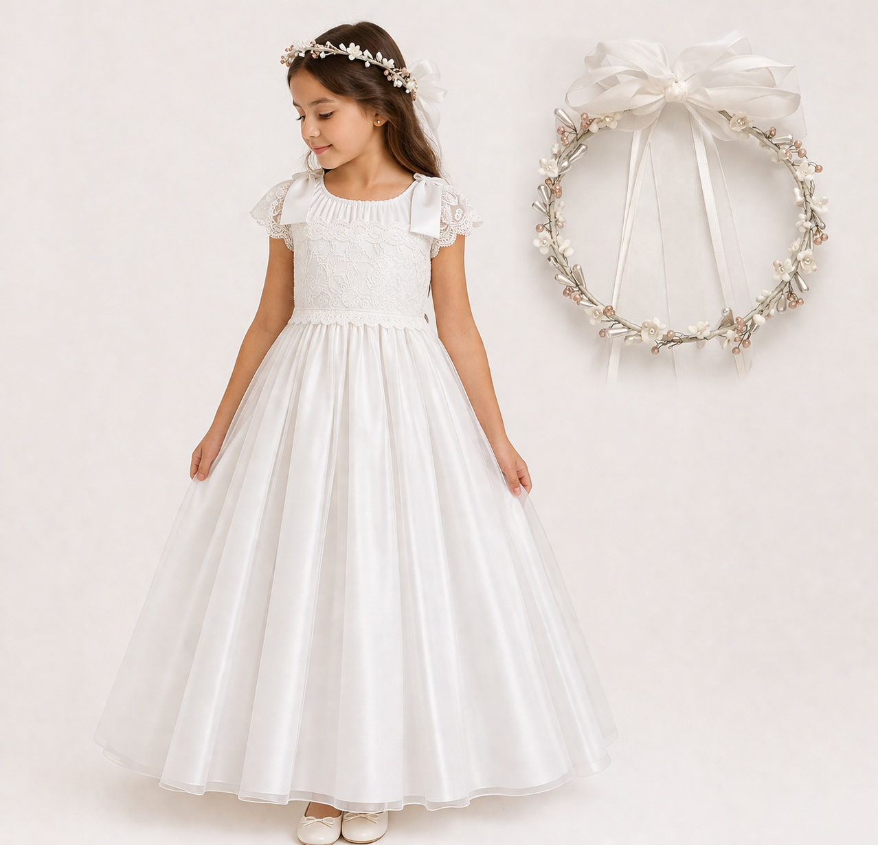 Vestido con Corona de Primera Comunión para Niñas Talla 8A Modelo 21-409