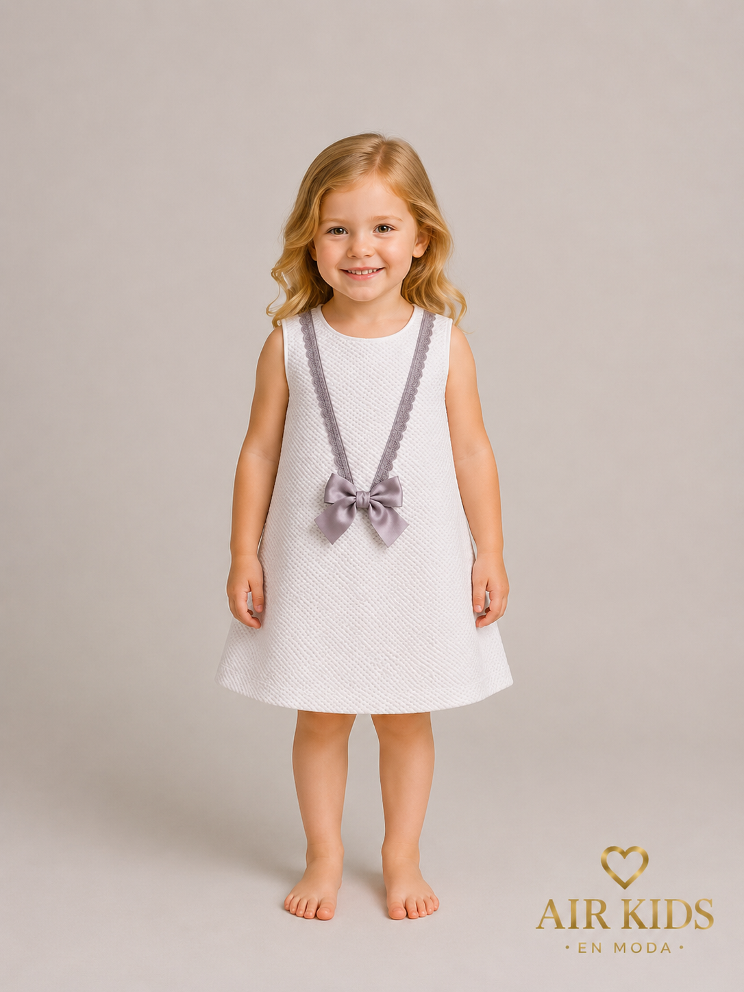 Vestido de piqué con punta de tira bordada y moño gris 344B