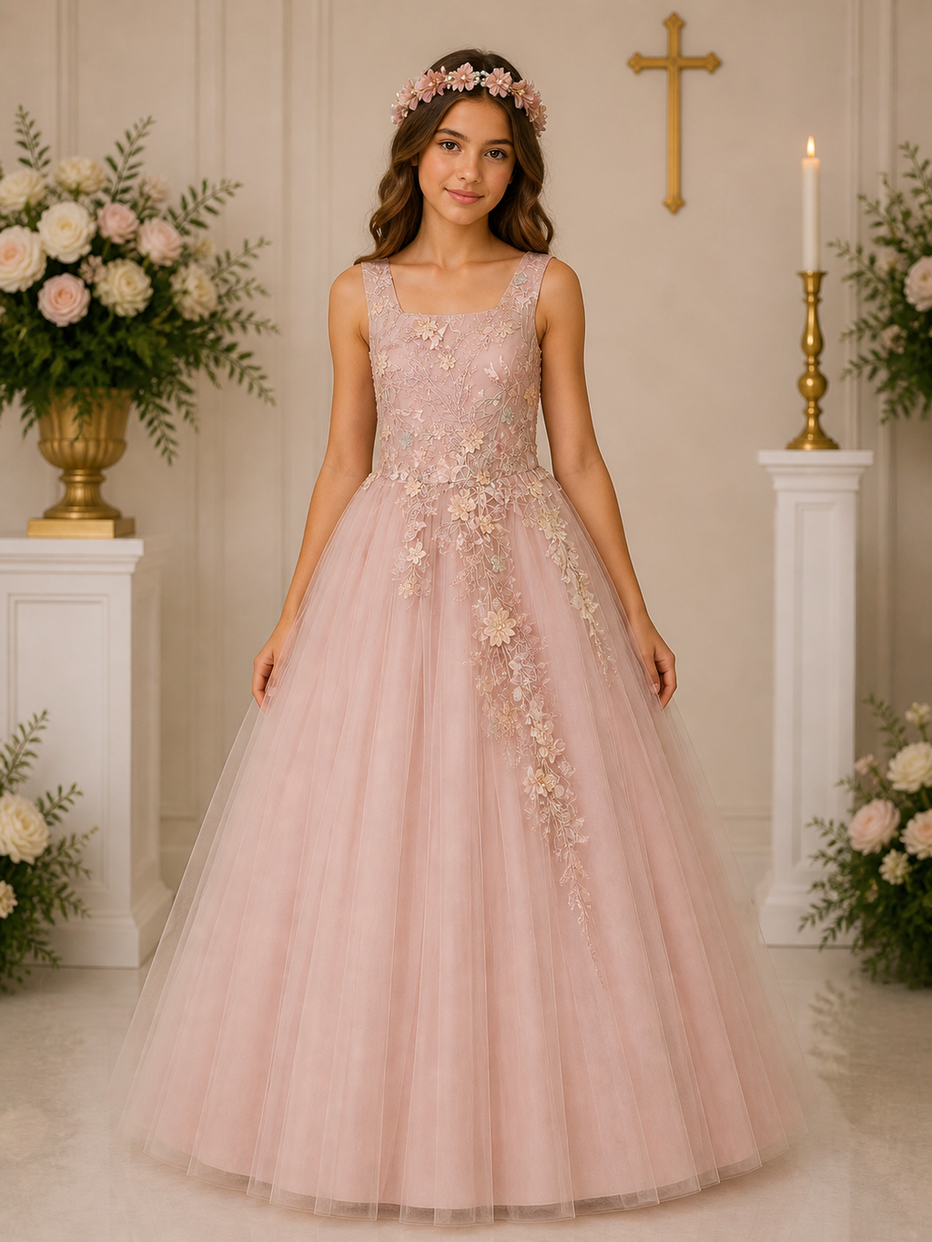 Vestido presentacion seda peto bordado falda aplicaciones con corona 26-012 Talla 14 años