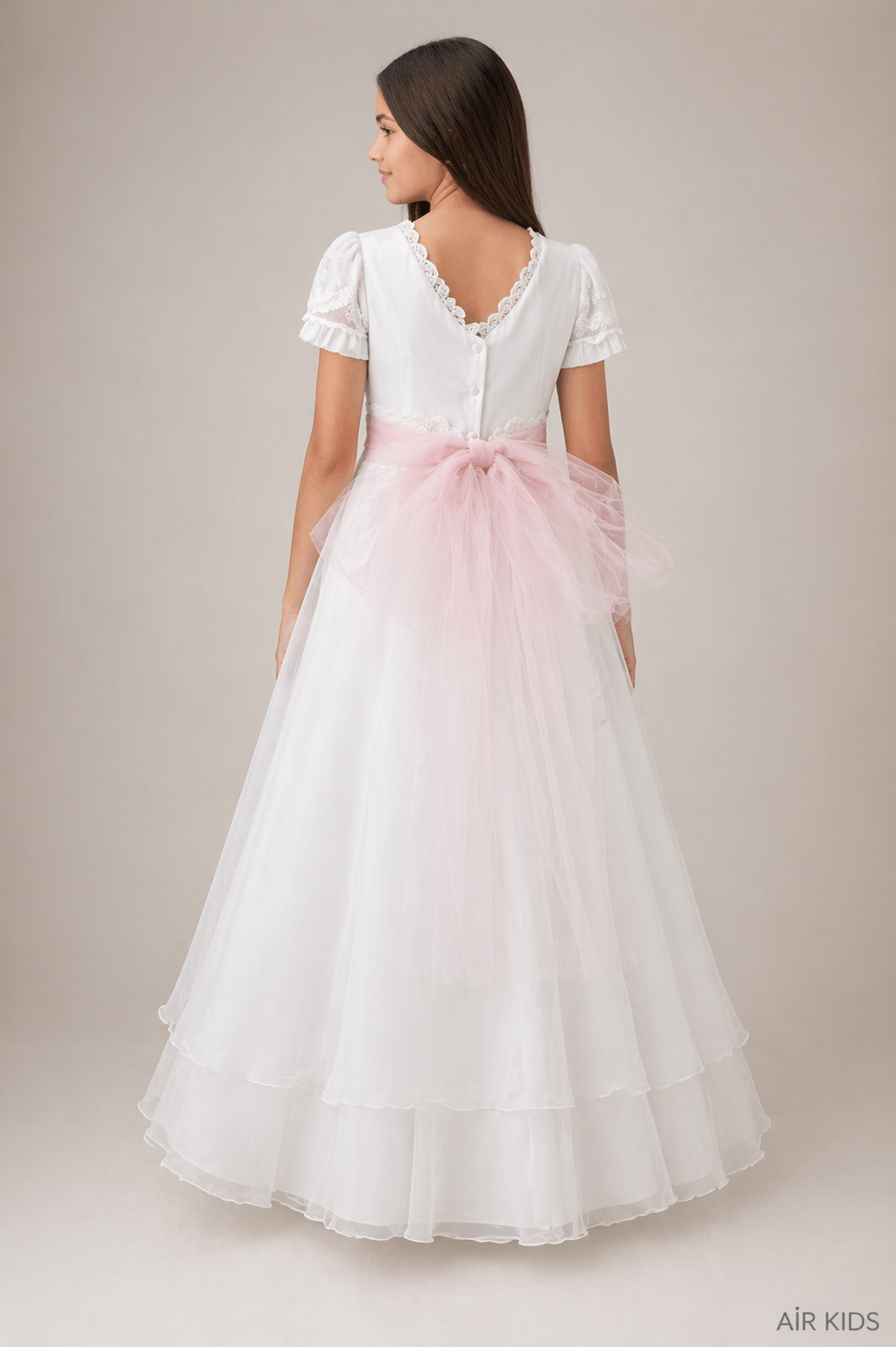 VESTIDO PRIMERA COMUNION TUL PUNTOS FALTA TUL PLIZADO TIRA BORDADA CON CORONA 26-411-14A