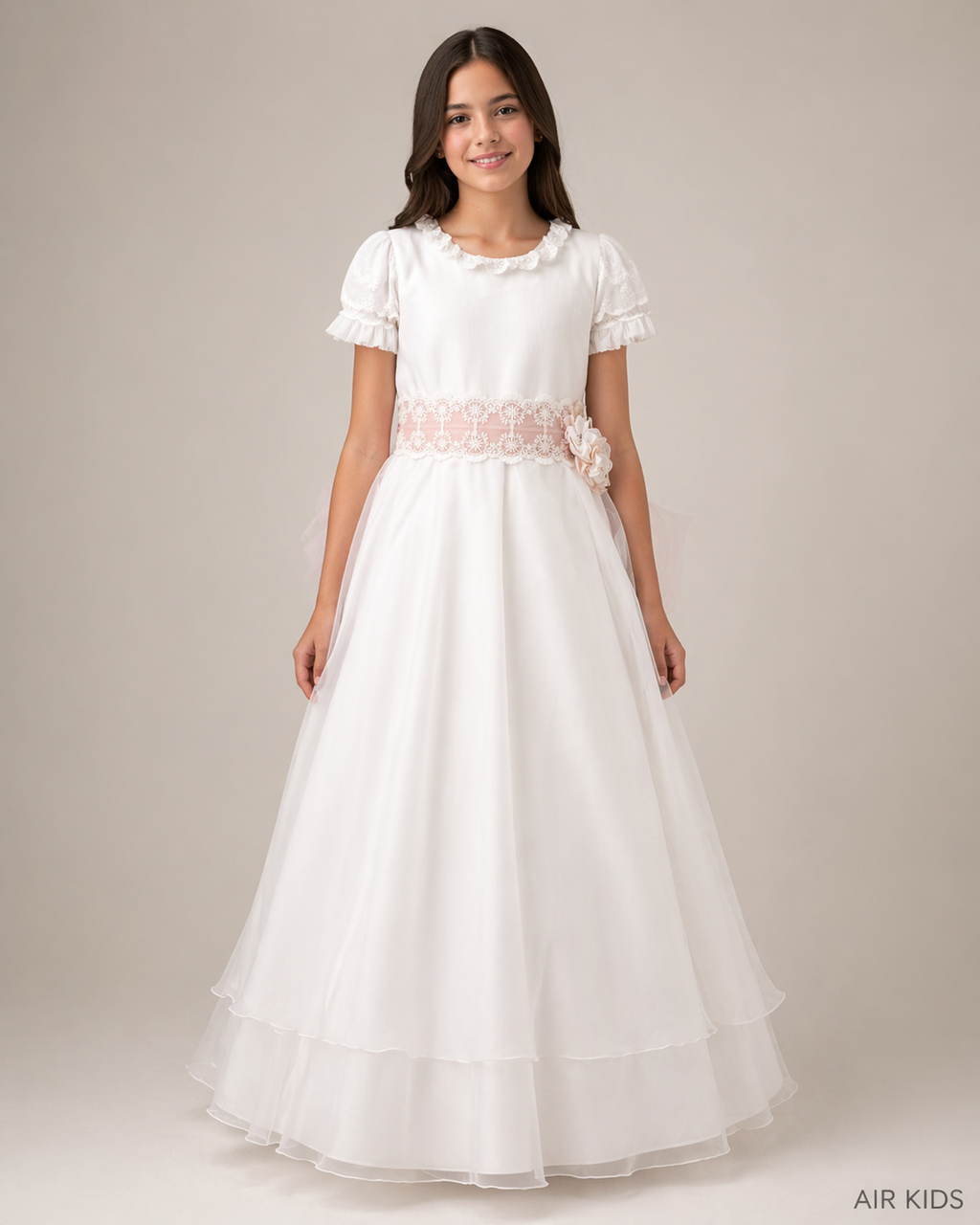 VESTIDO PRIMERA COMUNION TUL PUNTOS FALTA TUL PLIZADO TIRA BORDADA CON CORONA 26-411-14A