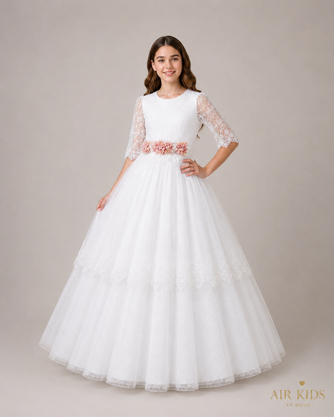 Vestido de primera comunion tul plisado y puntos tira dorada peto con corona 25-912 Talla 14 años