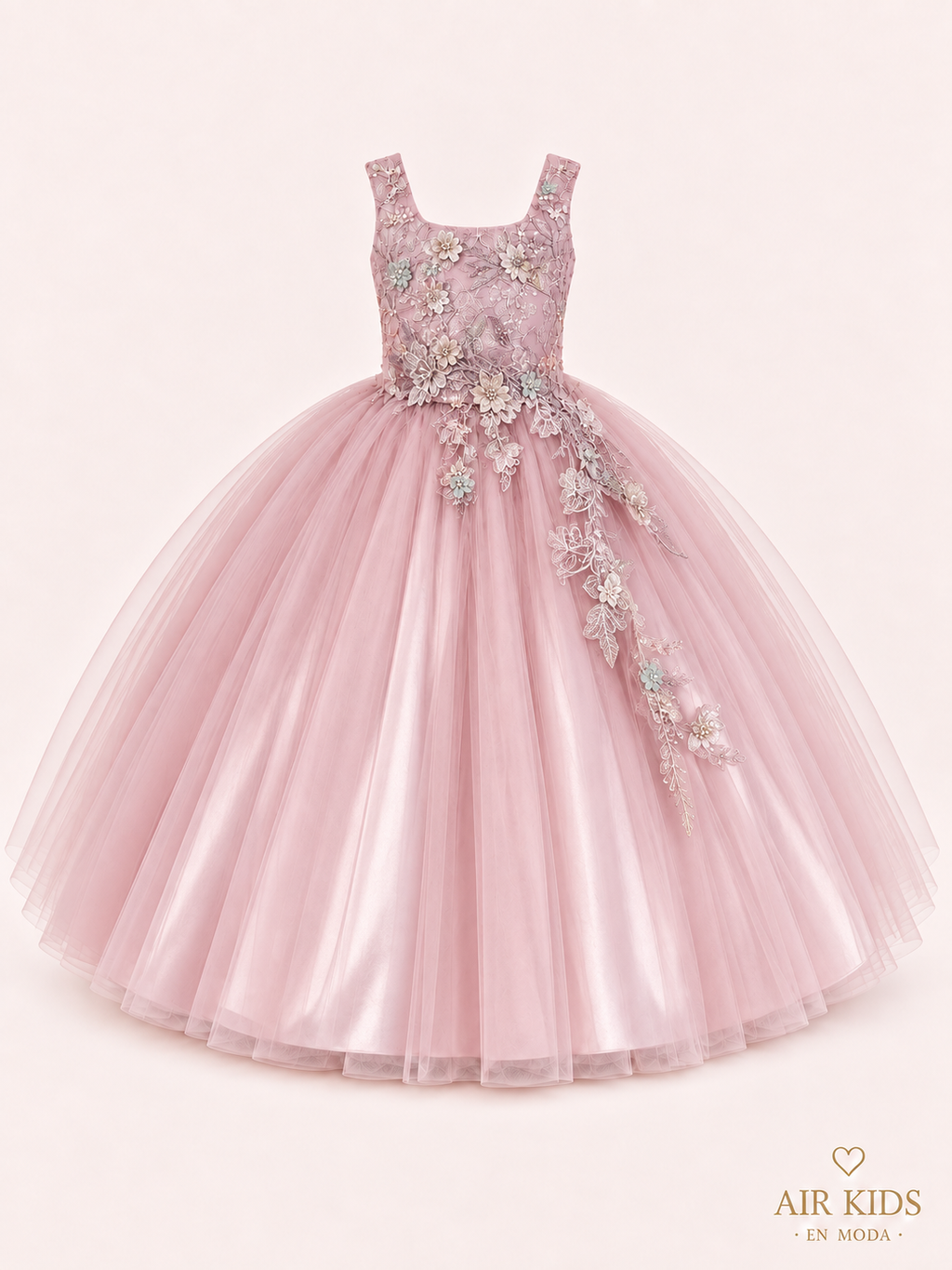 Vestido fiesta seda peto bordado falda aplicaciones con corona 26-012 Talla 14 años