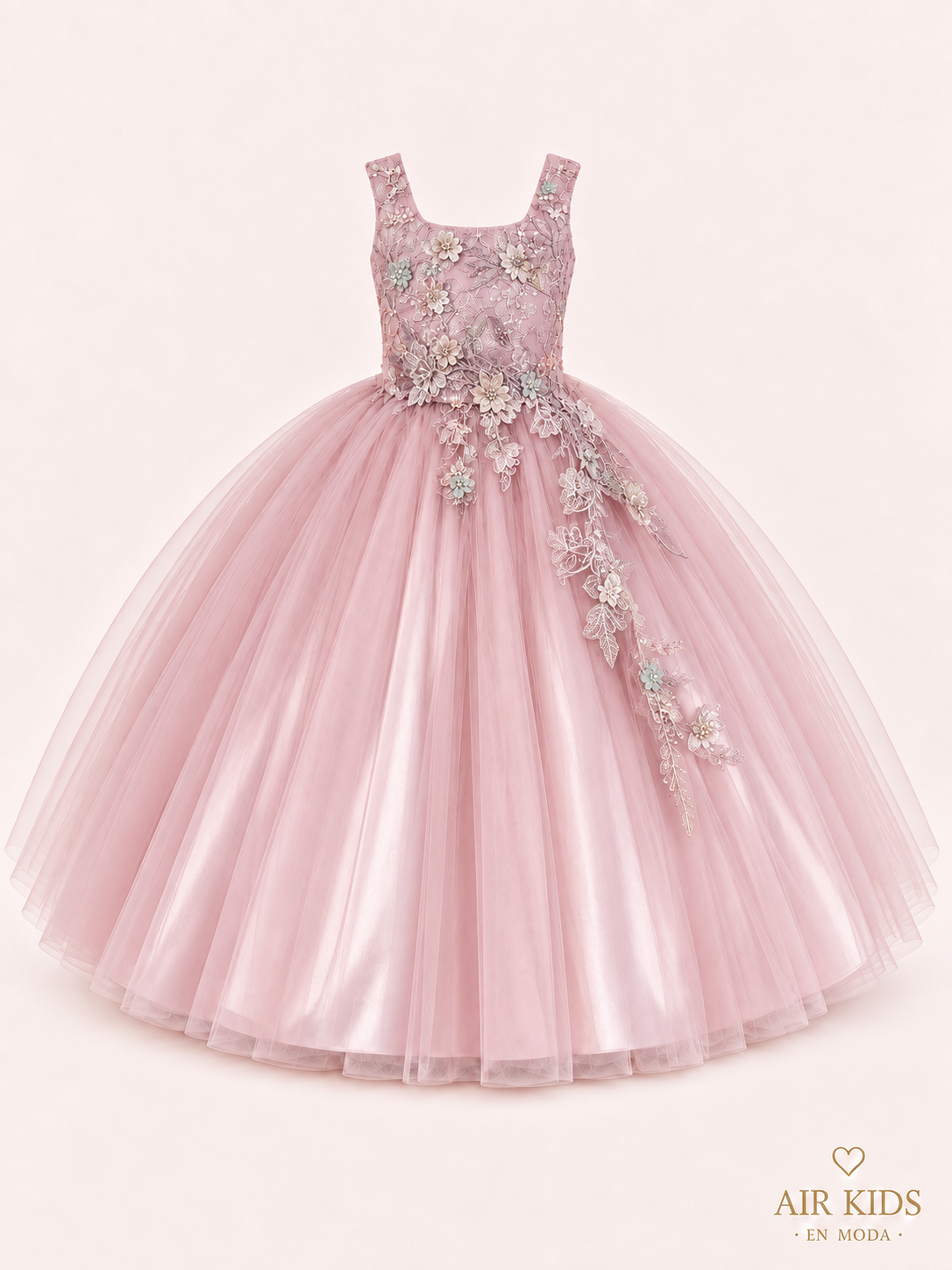 Vestido fiesta seda peto bordado falda aplicaciones con corona 26-012 Talla 14 años